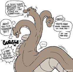 big_tail black_and_white breasts dialogue dragon eyelashes female hydra imminent_death larger_female lizard long_tail reptile scales shyguy9 simple_background size_difference smaller_male speech_bubble tail tongue tongue_out vore