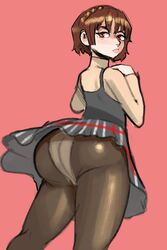 1girls annoyed ass atlus big_ass blush brown_hair bubble_butt female huge_ass justdavefnd looking_at_viewer looking_back makoto_niijima panties panties_under_pantyhose panties_visible_through_clothing pantyhose pantylines persona persona_5 red_eyes round_ass sega skirt solo tight_clothing turtleneck upskirt