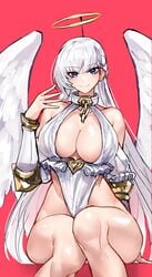 1girls absurdres angel angel_wings azur_lane belfast_(azur_lane) blue_eyes braid breasts casul choker cleavage dress elbow_gloves female female_only gauntlets gloves halo highres large_breasts light-skinned_female light_skin long_hair looking_at_viewer revealing_clothes sitting smile solo white_dress white_hair wings