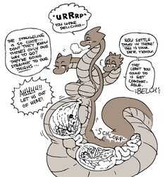 anthro black_and_white blush breasts dialogue dragon eyelashes female guts human hydra imminent_death larger_female lizard long_tail reptile scales shyguy9 simple_background size_difference smaller_male smile smiling speech_bubble tail vore x-ray