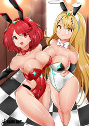 2girls alternate_costume bangs bare_shoulders blonde_hair blush bowtie breasts bunny_costume bunny_ears bunnysuit checkered_floor colored fake_animal_ears gloves huge_breasts kaos_art large_breasts latex leotard long_blonde_hair long_gloves long_hair looking_at_viewer mythra nintendo playboy_bunny pyra red_eyes red_hair red_leotard shiny_hair shiny_skin short_hair short_red_hair smile smiling_at_viewer strapless strapless_leotard swept_bangs tagme thick_thighs thighs tiara tight_clothing white_leotard wooden_wall xenoblade_(series) xenoblade_chronicles_2 yellow_eyes zipper_leotard