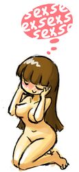 1girls 2017 blush breasts brown_hair closed_eyes feet female female_only female_pervert full_body hands_on_head head_tilt hime_cut horny kneeling large_breasts long_hair minus8 navel nipples nude original smile solo text thighs thinking thought_bubble toes