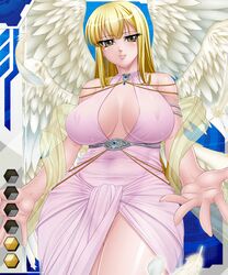 1girls angel angel_wings blonde_hair breasts card_(medium) catalina_(taimanin_asagi) dress female kagami_hirotaka large_breasts lilith-soft long_hair looking_at_viewer official_art see-through smile solo taimanin_asagi wings yellow_eyes