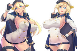 2girls azur_lane barely_clothed barely_contained blonde_hair blue_eyes california_(azur_lane) cameltoe curvaceous curvy dashigarayama huge_breasts military_hat military_uniform multiple_girls pantyshot plump plump_ass skimpy skimpy_clothes tan_skin tennessee_(azur_lane) thick_thighs thigh_strap tight_clothing voluptuous