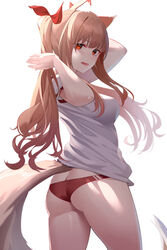 1girls 2d alternate_costume ass bangs big_ass bloomers buruma clothing dat_ass female female_only gym_uniform hair_ribbon holo kaneko_(bblogtinhan) kemonomimi light-skinned_female light_brown_hair light_skin long_hair looking_at_viewer looking_back pale-skinned_female pale_skin red_eyes simple_background small_breasts solid_color_background solo spice_and_wolf tight_clothing twintails wolf_ears wolf_girl wolf_tail