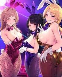 3girls :d animal_ears bangs bare_back bare_shoulders black_hair black_legwear blonde_hair blue_eyes blue_neckwear blurry blurry_background blush bow bowtie breast_hold breasts bridal_gauntlets brown_eyes brown_hair brown_legwear bunny_ears bunny_tail bunnysuit cleavage commentary_request cowboy_shot detached_collar elbow_gloves eyebrows_visible_through_hair fake_animal_ears female female_only finger_to_mouth fishnet_legwear fishnets gloves hachimiya_meguru half-closed_eyes half_updo hand_on_ass hand_on_own_ass head_tilt heavy_breathing high_ponytail highres huge_breasts idolmaster idolmaster_shiny_colors indoors kazano_hiori large_breasts latex latex_gloves leotard looking_at_viewer low_ponytail medium_hair mole mole_under_mouth multiple_girls naughty_face necktie open_mouth orange_neckwear own_hands_together pantyhose parted_lips playboy_bunny purple_background purple_eyes purple_gloves purple_neckwear rabbit_ears rabbit_tail sakuragi_mano satou_kuuki shiny shiny_clothes short_ponytail sideboob sidelocks sleeveless small_breasts smile standing sweat swept_bangs table tail tareme tongue tongue_out tsurime v white_gloves wing_collar wrist_cuffs