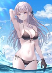 1girls arm_behind_head arm_up armpit bare_arms bare_midriff bare_shoulders bare_thighs belly big_breasts bikini bikini_bottom bikini_top black_bikini black_bikini_bottom black_bikini_top black_gloves black_swimsuit blue_sky braid braided_hair breasts cleavage danganronpa danganronpa:_trigger_happy_havoc danganronpa_1 danganronpa_3 danganronpa_s:_ultimate_summer_camp female female_only front-tie_bikini front-tie_top gloves hand_behind_head human human_only kirigiri_kyouko light-skinned_female light_skin long_hair midriff nabekokoa navel ocean partially_submerged purple_eyes purple_hair sea side-tie_bikini side-tie_panties sideboob sky soft soft_breasts solo solo_female standing standing_in_water standing_up stomach straight_hair sunny swimsuit thighs water