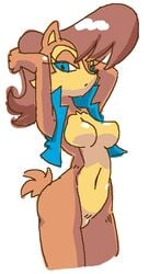 1girls 2017 animal_ears anthro archie_comics armpits arms_behind_head arms_up beta_safe blue_eyes breasts brown_fur brown_hair chipmunk female female_only furry half-closed_eyes jacket looking_at_viewer medium_breasts minus8 mostly_nude navel no_nipples no_pussy open_clothes open_jacket sally_acorn sega simple_background solo solo_female sonic_(series) sonic_the_hedgehog_(series) standing tail thighs white_background