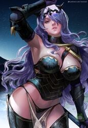 1girls armor armpits bangs black_armor black_panties boots breasts camilla_(fire_emblem) cleavage commentary english_commentary female female fire_emblem fire_emblem_fates gloves gradient gradient_background hair_over_one_eye hand_on_own_head higher_resolution_duplicate large_breasts looking_at_viewer nextoad nintendo panties parted_lips patreon_username purple_eyes purple_hair solo thigh_boots thighhighs tiara underwear upper_body