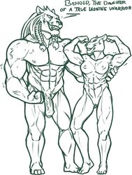 abs absurd_res anthro battle_beast braided_hair breasts daughter dialogue duo english_text fangs father felid female flexing flexing_bicep flexing_muscles genitals hair hi_res invincible invincible_(comics) larger_male lion looking_at_another male mammal monochrome muscular muscular_female muscular_male nipples nude pantherine parent penis redout size_difference text thokk thokk's_daughter thokk_(invincible) vein veiny_muscles veiny_penis waist_grab