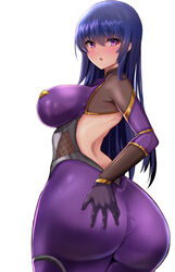 akiyama_rinko ass blue_hair curvy dat_ass embarrassed female from_behind huge_ass kihou_no_gotoku_dmc kunoichi large_breasts long_hair looking_at_viewer sideboob taimanin_(series) thick_thighs tight_clothes