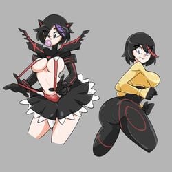 2021 2girls asian ass big_hero_6 black_hair bodysuit breasts clothing_swap disney female_only gogo_tomago goth kill_la_kill marvel marvel_comics matoi_ryuuko saucymojo studio_trigger thick