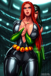 2girls arms_behind_back artist_name artist_signature belt big_breasts black_widow_(marvel) blue_eyes bodysuit breasts breasts_bigger_than_head cameltoe cleavage defeated_heroine deviantart deviantart_username erect_nipples erect_nipples_under_clothes favorite female female_only femsub green_eyes green_hair groping_breasts groping_from_behind gumroad gumroad_username hands_on_breasts high_resolution highres hourglass_figure huge_breasts long_hair madame_hydra marvel marvel_comics multiple_girls natasha_romanoff patreon patreon_url patreon_username red_hair shiny_skin skin_tight svoidist thick_thighs tight_clothing url web_address