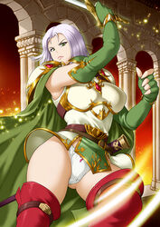 1girls amalda_(fire_emblem) armor bare_thighs boots breasts cape elbow_gloves fingerless_gloves fire_emblem fire_emblem:_thracia_776 frown gloves green_eyes large_breasts looking_at_viewer nintendo panties pantyshot pantyshot_(standing) purple_hair rakusai_(saisai_garou) solo sword thigh_boots thighs upskirt weapon white_panties