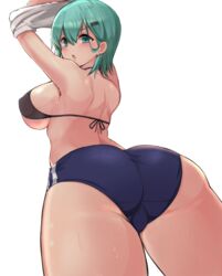 1girls 2021 arms_up ass ass_focus ass_shot back back_view backboob bikini_top black_bikini_top bloomers blue_bloomers breasts buruma cameltoe female female_focus female_only gym_clothes gym_uniform hairclip hips huge_ass huge_breasts kantai_collection kihou_no_gotoku_dmc short_hair sideboob simple_background slim_waist sportswear suzuya_(kantai_collection) sweat sweaty_body teal_eyes teal_hair thick_thighs thighs undressing white_background white_shirt wide_hips