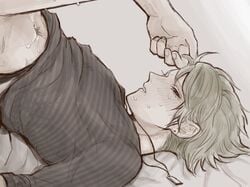 1boy bottomless cropped cropped_image danganronpa danganronpa_v3 gay green_hair implied_penetration implied_sex male male/male male_focus male_only necklace on_back on_bed piercing piercings rantaro_amami shirt_lift smooth_skin solo sweat sweatdrop sweating twink yaoi