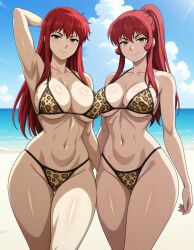 2girls ai_generated arnett_mcmillan beach bikini blue_sky breasts clouds curvy_hips daniel20019 female freezing freezing_(series) hug_hips ingrid_bernstein large_breasts leopard_printed printed_clothes sand seductive_smile sky smile thick_thighs