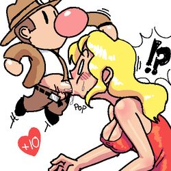 ! 1boy 1girls ? balls black_eyes blonde_hair breasts brown_hair cleavage clothes damsel_(spelunky) dress fellatio female female_focus guy_spelunky human male noill oral penis size_difference spelunky straight text white_eyes