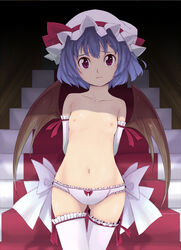 bat_wings blue_hair blush bow bow_legwear bow_panties bow_thighhighs elbow_gloves flat_chest frilled_legwear frilled_panties frilled_thighhighs frills gloves gustav_(telomere_na) hat large_bow navel nipples panties red_eyes remilia_scarlet short_hair standing thigh_gap thighhighs thighs touhou underwear white_legwear white_panties white_thighhighs wings