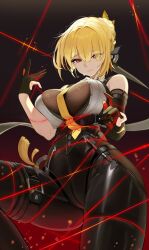 1girls bare_shoulders blonde_hair breast_press breasts button_shirt buttons cleavage closed_mouth embarrassed evelyn_chevalier female female_focus female_only fingerless_gloves gloves hair_between_eyes hair_ornament highres large_breasts legs leotard long_hair mole mole_under_eye necktie oniloler open_clothes purple_eyes red_gloves shirt string string_pull sweat thighs upper_body white_shirt yellow_necktie zenless_zone_zero