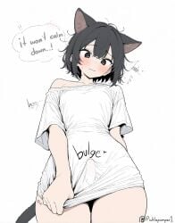 1boy 1femboy 2d 2d_(artwork) @_@ absurdres ai ai_generated animal_ear_fluff animal_ears artist_name bangs bare_thighs black_eyes black_hair blush bulge cat_boy cat_ears cat_tail colored cowboy_shot curvy_femboy embarrassed english english_text erection erection_under_clothes erection_under_clothing erection_under_shirt femboy femboy_focus femboy_only femboysub flying_sweatdrops from_below hair_between_eyes hiding_erection hiding_penis high_resolution highres hourglass_figure hourglass_figured_male light-skinned_femboy looking_at_viewer looking_down male male_bitch messy_hair narrow_waist no_panties no_pants oc off_shoulder only_shirt original_character oversized_clothes oversized_shirt pale-skinned_femboy penis picklepumper shirt shirt_only short_hair short_sleeves simple_background small_penis small_penis_femboy snatched_waist solo speech_bubble submissive submissive_and_breedable submissive_femboy submissive_human submissive_humanoid tail text thick_thighs voluptuous_femboy wavy_mouth white_background white_shirt