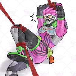 1boy ankle_tied armor armored_male arms_above_head arms_tied arms_tied_behind_head arms_up ass belt bondage buttons emu_hojo gamer hands_above_head hands_up helmet kamen_rider kamen_rider_ex-aid kamen_rider_ex-aid_(series) knee_bent knee_tied leg_lift leg_up male male_focus male_only mask masked masked_male mmmaao on_ground orange_eyes pink_armor pink_hair pixiv_id red_ribbon red_ribbons restrained ribbon_bondage solo surprised visor visor_(eyewear) watermark wide_eyed