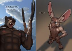 absurd_res anthro athletic athletic_male bear big_ears black_claws blue_eyes brown_body brown_eyes brown_fur brown_nose buckteeth cheek_tuft claws duo facial_tuft fangs fur genitals hands_on_hips hare hi_res humanoid_genitalia humanoid_penis hyper_claws imminent_fisting inner_ear_fluff lagomorph leporid long_claws longblueclaw looming_over male male/male mammal muscular muscular_male neck_tuft nipples nude_anthro open_mouth penis pink_nipples shadow signature simple_background size_difference sky smile speech_bubble teeth tuft two_panel_image