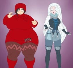 2girls attribute_swap bbw big_belly body_swap breasts crossover female huge_breasts long_hair melony_(pokemon) pokemon ruby_rose rwby saturnxart thick_thighs very_long_hair wide_hips