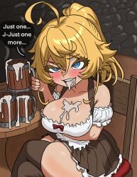 alternate_breast_size alternate_costume annoyed_expression barmaid barmaid_outfit beer_mug blonde_female blonde_hair blue_eyes breasts cleavage cum cum_in_container cum_in_cup cum_in_mouth cum_in_mug cum_on_breasts cum_on_face dialogue dialogue_bubble empty_cup english_text female gokkun holding_cup holding_mug holding_object large_ass large_breasts legs_crossed shortstack sitting skirt swisschocoart table tanya_degurechaff text thick_thighs tongue_out youjo_senki