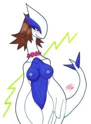 2010 anthro blue_skin blush brown_hair closed_mouth color female female_only fleura_(pokemon) front_view hair ivanks lugia melody_(pokemon) nintendo pokemon pokemon_(species) pokemon_transformation solo standing tail transformation white_skin