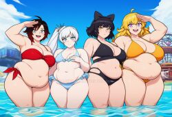 ai_generated bbw beach bikini blake_belladonna breasts davehater fat female huge_belly huge_breasts ruby_rose thick_thighs weiss_schnee yang_xiao_long