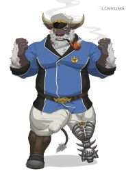 absurd_res ahab_(tas) amputee anthro arm_hair beard belt bodily_fluids body_hair bovid bovine bulge cape_buffalo chest_hair clothing disability facial_hair genital_fluids hat headgear headwear hi_res horn lifewonders lovkuma male male_focus mammal moustache pegleg pipe precum prosthetic prosthetic_leg prosthetic_limb sailor scar smoking solo tokyo_afterschool_summoners