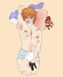 abdl body_hair childe_(genshin_impact) diaper genshin_impact grubsich male male_only morguebuddy pacifier piercings scars solo_male tartaglia_(genshin_impact)