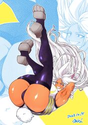 1girls 2025 absurd_res animal_ears armpits arms_behind_head arms_up ass big_ass big_breasts breasts bunny_ears bunny_tail clenched_teeth clothing dark-skinned_female dark_skin eyelashes falling female female_focus female_only fur_collar grin human large_ass large_breasts legwear leotard mich_kj miruko muscular muscular_female my_hero_academia parted_lips pinup red_eyes rumi_usagiyama shiny_skin signature simple_background sleeveless smile solo solo_female stockings tail teeth thighhighs very_long_hair white_hair yellow_background
