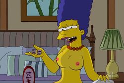 bed breasts cel_shading color edit female female_only front_view huge_eyes human indoors marge_simpson matt_groening_(style) nipples nude nude_filter sitting solo tagme the_simpsons toony yellow_skin