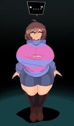 ? absurdres alternate_body_size boots breasts brown_boots brown_hair captain_kirb closed_eyes female frisk frisk_(undertale) genderswap_(otf) highres huge_breasts rule_63 short_hair shorts solo spoken_question_mark striped_clothes striped_sweater sweater undertale utdr_(toby_fox)