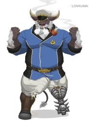 absurd_res ahab_(tas) amputee anthro arm_hair beard belt bodily_fluids body_hair bovid bovine bulge cape_buffalo chest_hair clothing cum cum_in_clothing disability facial_hair genital_fluids hat headgear headwear hi_res horn lifewonders lovkuma male male_focus mammal moustache pegleg pipe prosthetic prosthetic_leg prosthetic_limb sailor scar smoking solo tokyo_afterschool_summoners