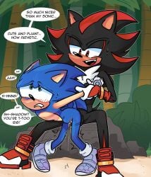 anthro arm_pull balls blush bodily_fluids clothing cum cum_drip cum_inside cum_on_leg dialogue dripping duo english_text eulipotyphlan footwear from_behind_position genital_fluids genitals gloves handwear heart_eyes heart_symbol hedgehog hi_res justthewindlee male male/male male_penetrated male_penetrating male_penetrating_male mammal netflix outside_sex penetration prison_guard_position sega sex shadow_the_hedgehog shoes size_difference smaller_penetrated sonic_(series) sonic_prime sonic_the_hedgehog sonic_the_hedgehog_(series) speech_bubble text
