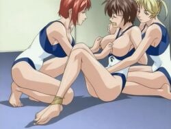 00s 2005 3girls animated anime_screenshot bare_shoulders between_breasts bible_black bible_black_only blinking blonde_hair blue_eyes blush bondage bound breasts brown_eyes brown_hair changing_room closed_eyes clothing_aside collarbone covered_erect_nipples embarrassed female fingering gag gagged glasses groping groping_breast improvised_gag indoors kobayashi_shinobu large_breasts mikimoto multiple_girls nipple_stimulation nipple_tweak nipples nonogusa_miyuki one-piece_swimsuit qvga red_hair school school_swimsuit shiny_skin short_hair swimsuit swimsuit_aside tagme tape tape_gag twintails
