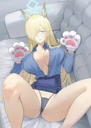 animal_ear_fluff animal_ears animal_hands blonde_hair blue_archive blue_eyes blue_halo blue_panties blue_shirt blue_skirt breasts cameltoe cleavage collarbone couch dog_ears female gloves groin hair_over_one_eye halo highres jiuzaiqianjitian kanna_(blue_archive) large_breasts long_hair lying multi_ear notched_ear on_couch open_clothes open_shirt panties paw_gloves rectangular_halo sharp_teeth shirt skirt solo teeth thighs underwear