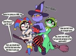 1boy 2girls ambiguous_penetration amphibian anthro blush breasts broom cleaning_tool clothed clothing costume crossdressing crossdressing_male dialogue eyeliner female fool's_hat footwear frog glitch_productions group group_sex halloween halloween_costume hat headgear headwear hi_res holding_partner holding_waist holidays human humanoid jax_(tadc) jax_(the_amazing_digital_circus) jester kermit_the_frog kodigozoot lagomorph legwear leporid magic_user makeup male male/female mammal mummy_costume mummy_wrappings muppets pasties pattern_clothing pattern_legwear pattern_stockings penetration pomni_(tadc) pomni_(the_amazing_digital_circus) rabbit ribbit_(tadc) ribbit_(the_amazing_digital_circus) sandwich_position sex shoes shy smile smirk stockings striped_clothing striped_legwear striped_stockings stripes tail teasing the_amazing_digital_circus trio witch witch_costume witch_hat witch_jax_(the_amazing_digital_circus)