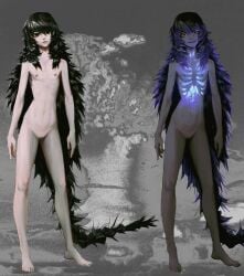 atomic_breath black_eyes black_hair breasts female flat_chest gijinka glow glowing glowing_eyes glowing_from_the_inside godzilla godzilla_(series) huge_pupils mushroom_cloud nuclear_bomb nuclear_explosion nude petite ribs see-through small_breasts spiky_hair toho toho_(film_company) yellow_sclera 深渊人_(artist)