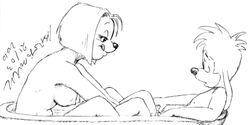 age_difference anthro asthexiancal bathtub breasts cub debbie_dune disney dog female goof_troop looking_at_another male max_goof monochrome nipples side_view sketch tagme