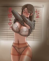 blush bra caught_changing changing_clothes chibasyu cleavage embarrassed embarrassed_undressed_female female looking_at_viewer pantyhose patlabor shinobu_nagumo sweatdrop sweater_lift translated twitter_username