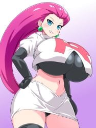 1girls big_breasts black_thighhighs bottomwear clothing ear_piercing earrings female female_only hand_on_hip huge_breasts jessie_(pokemon) large_breasts legwear long_hair mature mature_female pencil_skirt pink_hair pokemon pokemon_(anime) short_skirt skirt solo solo_female thick_thighs thighhighs thighs topwear torimoti3 white_skirt