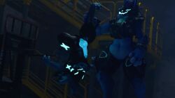 3d_(artwork) anthro blue_body blue_eyes blue_fur digital_media_(artwork) duo female fluffy_hybrid fur genitals glowing glowing_eyes glowing_genitalia glowing_penis hi_res machine male male/female mamagen penis protogen sad warehouse weak