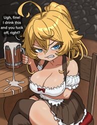 alternate_breast_size alternate_costume annoyed annoyed_expression barmaid barmaid_outfit beer_mug blonde_female blonde_hair blue_eyes breasts cleavage cum cum_in_container cum_in_cup cum_in_mug dialogue dialogue_bubble english_text female holding_cup holding_mug holding_object large_ass large_breasts legs_crossed shortstack sitting skirt swisschocoart table tanya_degurechaff text thick_thighs youjo_senki