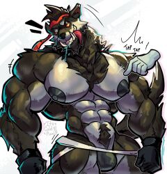 2025 abs absurd_res accessory anthro black_clothing black_gloves black_handwear black_nipples brown_body brown_fur bulge canid canine canis clothed clothing dire_(fortnite) disembodied_hand english_description epic_games fangs fist fortnite fur gloves half-closed_eyes handwear head_tilt headband hi_res inner_ear_fluff its_coldpizzart jockstrap male mammal moon muscular muscular_anthro muscular_arms muscular_male mythological_canine mythological_creature mythology narrowed_eyes nipples orange_eyes pubes red_headband saliva_on_face sharp_teeth simple_background smile solo teeth text tongue tongue_out topless topless_anthro topless_male touching_chest tuft underwear werecanid werecanine werecreature werewolf white_background wolf
