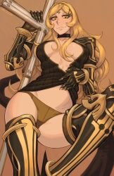 armor beauty_mark blonde_hair breasts drag-on_dragoon drag-on_dragoon_3 drakengard drakengard_3 female five_(drag-on_dragoon) five_(drakengard) gauntlets greaves large_breasts mole_under_eye roman_numerals smile spear square_enix weapon yellow_eyes
