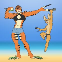 abs anthro athletic athletic_male black_claws blue_claws bottomwear brown_nose canid canine cheek_tuft claws cleavage_cutout clothing crop_top cutout denim denim_bottomwear denim_clothing denim_shorts duo facial_tuft fangs featureless_feet feet felid female flexing flexing_bicep fox genitals green_claws green_eyes hi_res humanoid_genitalia humanoid_penis inner_ear_fluff lifting_partner lips longblueclaw male male/female mammal max_(vanska) muscular muscular_female nipples open_mouth painted_claws pantherine penis penis_poking_out pink_lips pink_nipples samantha_(vanska) shirt shorts signature simple_background size_difference smile smug_grin speedo surprised swimwear teeth tiger topwear tuft